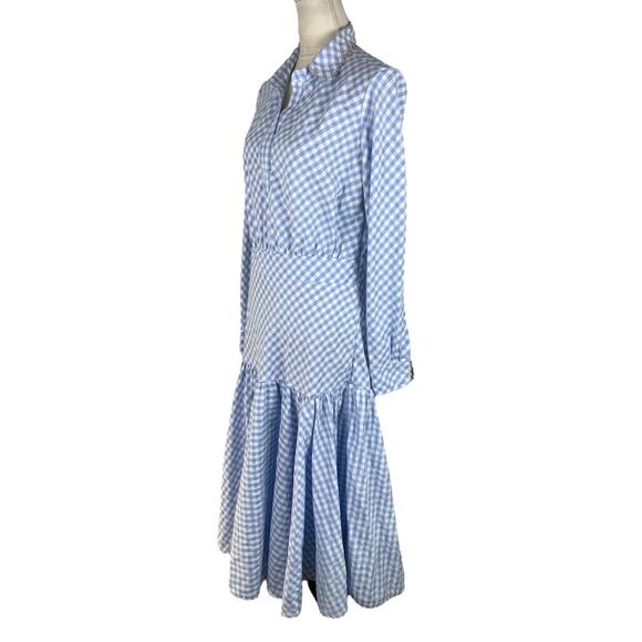 Tish Cox Checked Blue White Print Cotton Midi Shirt Dress Drop Waist Size Large - Picture 4 of 9
